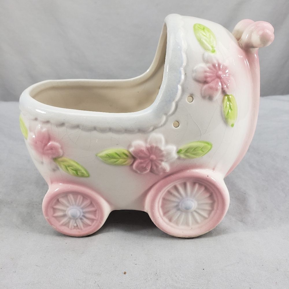 Vintage Japan Baby Buggy nursery Planter With flowers foliage & Ribbon Holes